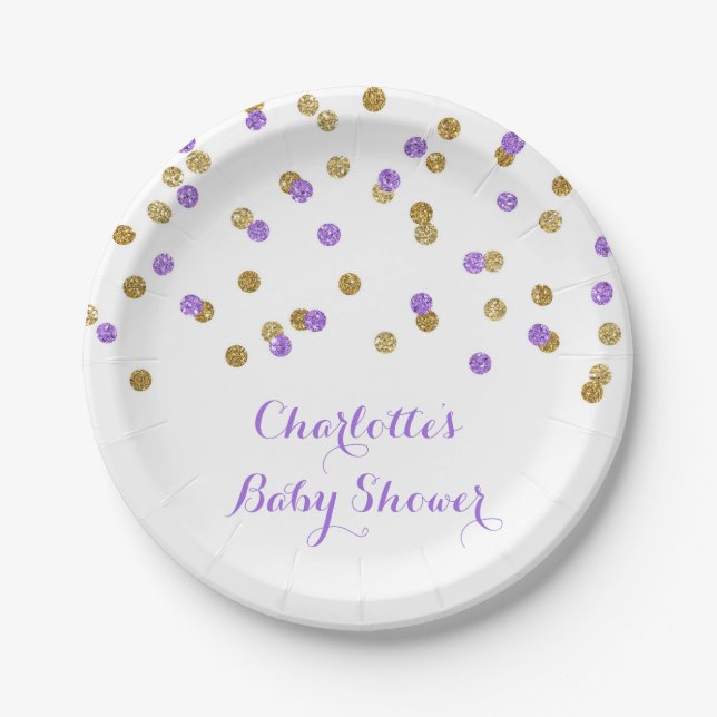 Gold Purple Confetti Baby Shower Plate (Front)