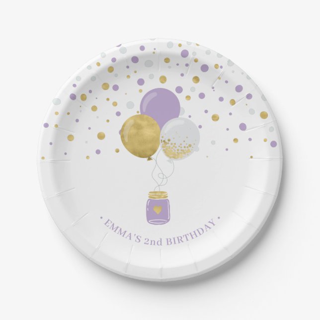 Gold & Purple Confetti Balloons 1st Birthday Paper Plate (Front)