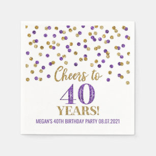 Gold Purple Confetti Cheers to 40 Years Birthday Napkin