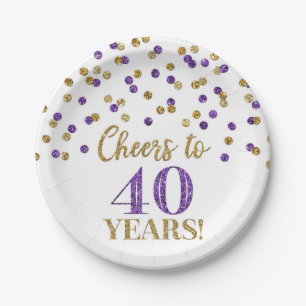 Gold Purple Confetti Cheers to 40 Years Birthday Paper Plate