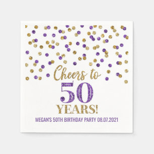 Gold Purple Confetti Cheers to 50 Years Birthday Napkin