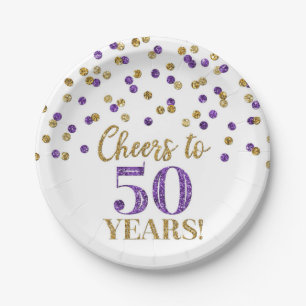 Gold Purple Confetti Cheers to 50 Years Birthday Paper Plate