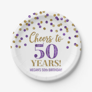 Gold Purple Confetti Cheers to 50 Years Birthday Paper Plate