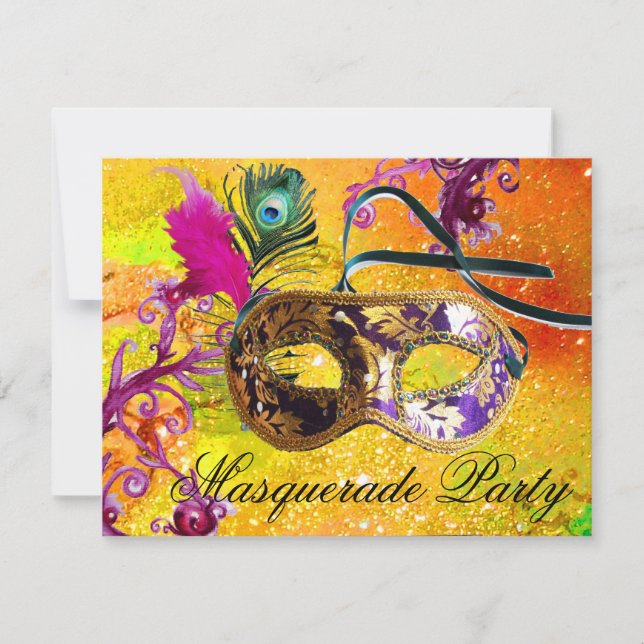 GOLD PURPLE DAMASK FEATHER MASK Masquerade Party Invitation (Front)