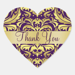 Gold & Purple Damask Thank You Heart Sticker