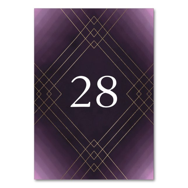 Gold Purple Elegance Diamond Geo Deco Wedding Table Number (Front)