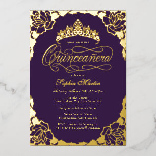 Gold Purple Elegant Script Quinceanera Birthday