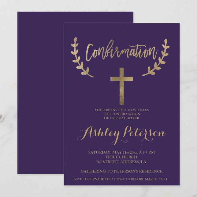 Gold purple elegant typography confirmation invitation (Front/Back)
