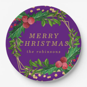Gold Purple Family Merry Christmas Holly Glitter Paper Plate