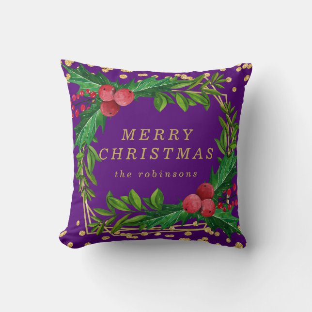Gold Purple Family Merry Christmas Holly Glitter Throw Pillow (Front)