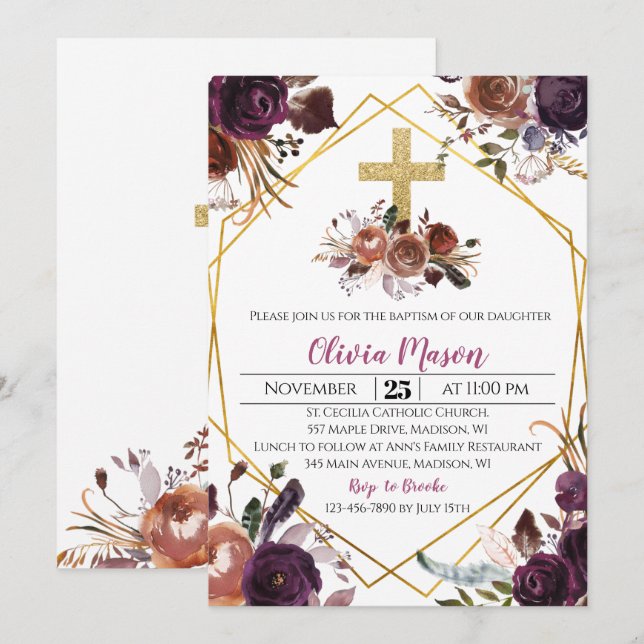 Gold Purple Floral Baptism Invitation (Front/Back)