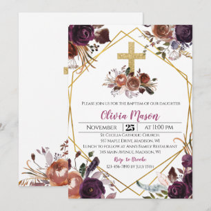 Gold Purple Floral Baptism Invitation