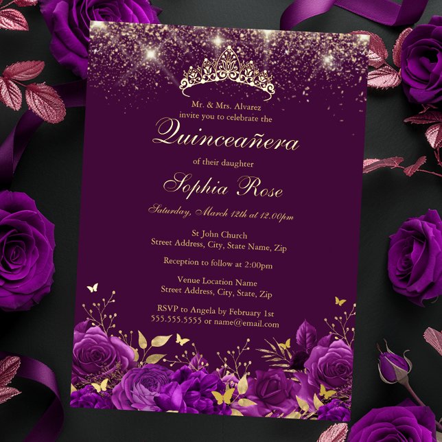 Gold Purple Floral Butterfly Tiara Quinceanera (Creator Uploaded)