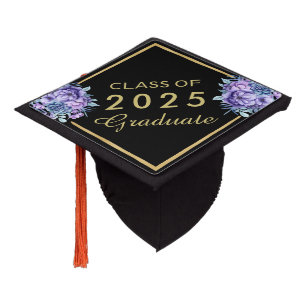 Gold Purple Floral CLASS OF 2025 Graduate Graduation Cap Topper