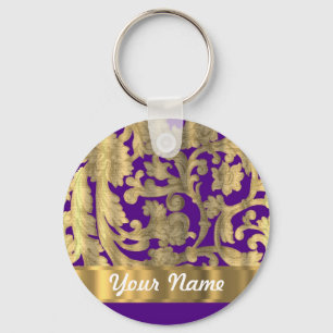 Gold & purple floral damask pattern keychain