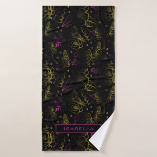 Gold purple floral pattern personalized name bath towel