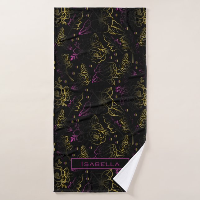 Gold purple floral pattern personalized name  bath towel (Bath Towel)
