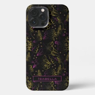 Gold purple floral pattern personalized name iPhone 13 pro max case