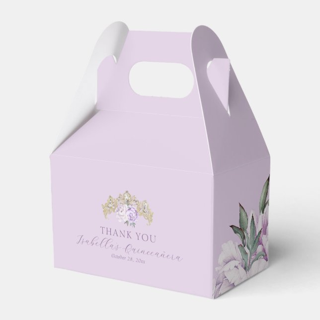 Gold Purple Floral Quinceañera Thank You Favor Box (Front Side)