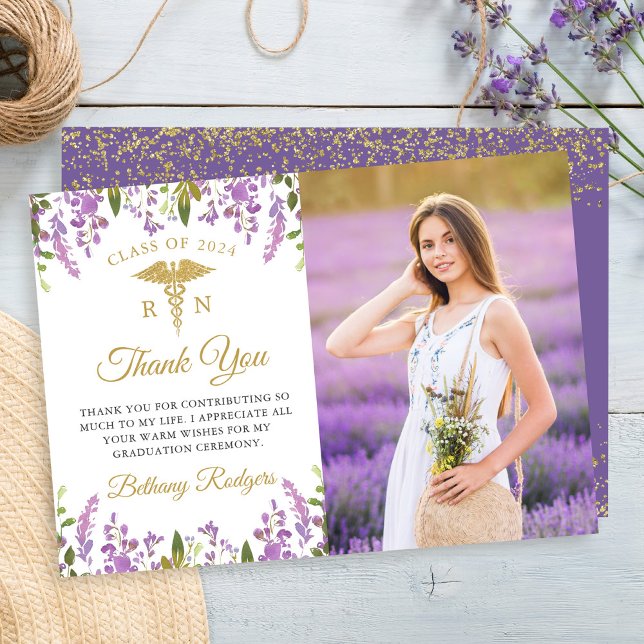 Gold Purple Floral RN Nursing Graduation Photo Thank You Card (Creator Uploaded)
