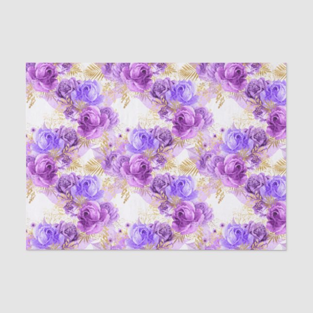 Gold purple floral rose pattern party tissue paper (Front)