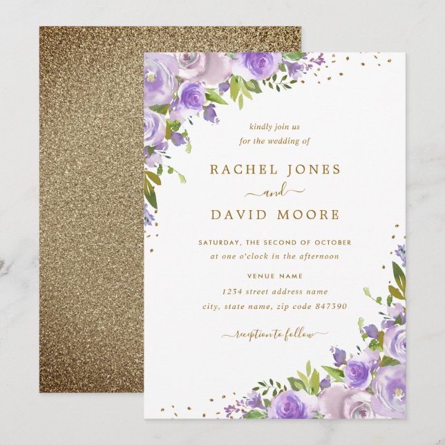 Gold Purple Floral Watercolor Wedding Invite (Front/Back)