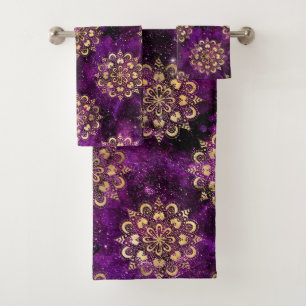 Gold & Purple Galaxy Dharma Mandala Pattern Bath Towel Set