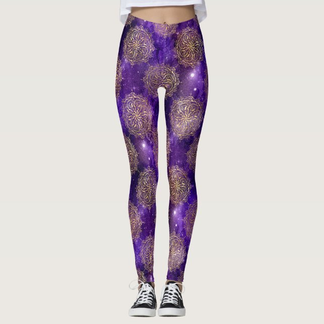 Gold & Purple Galaxy Dharma Mandala Pattern Leggings (Front)