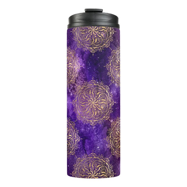 Gold & Purple Galaxy Dharma Mandala Pattern Thermal Tumbler (Front)