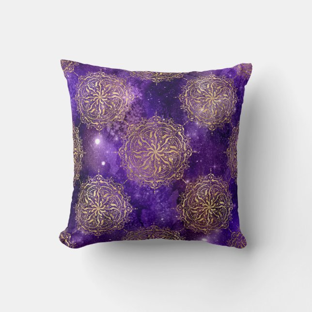 Gold & Purple Galaxy Dharma Mandala Pattern Throw Pillow (Front)
