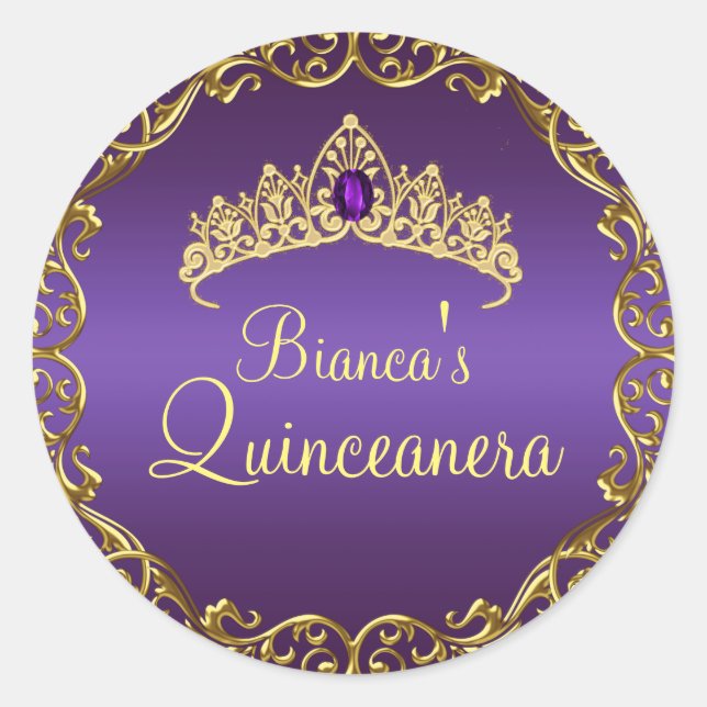 Gold & Purple Gem Tiara Quinceanera Sticker (Front)