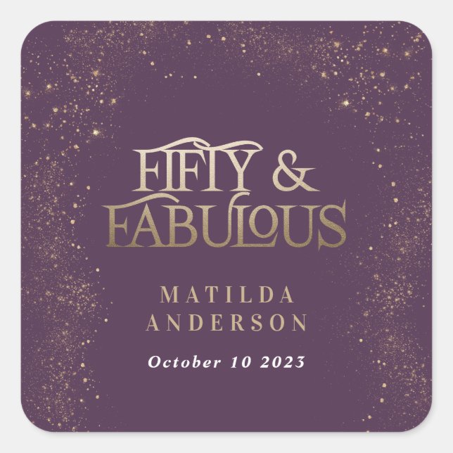 Gold purple glitter 50 and fabulous birthday party square sticker (Front)