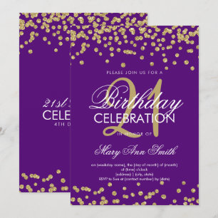 Gold Purple Glitter Confetti 21st Birthday Invitation