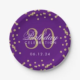 Gold Purple Glitter Confetti 30th Birthday Paper Plate