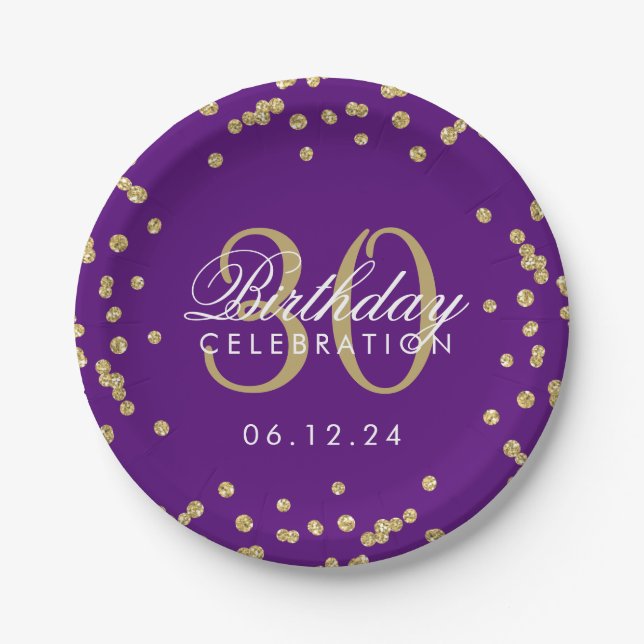Gold Purple Glitter Confetti 30th Birthday Paper Plate (Front)