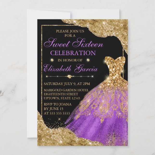 Gold & Purple Glitter Dress & Glam Edges Sweet 16 Invitation (Front)