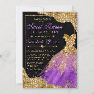 Gold & Purple Glitter Dress & Glam Edges Sweet 16 Invitation
