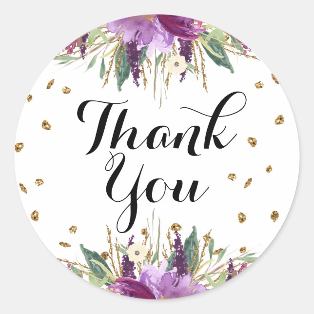Gold Purple Glitter Floral Thank You Sticker (Front)