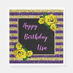 Gold Purple Glitter Stripes Yellow Roses Birthday Napkin