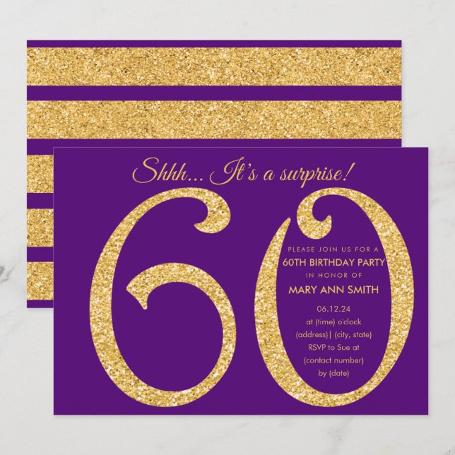 Gold Purple Glitter Surprise 60th Birthday Party Invitation (Front/Back)