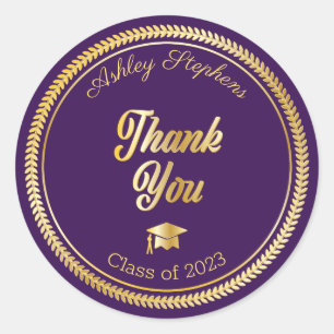 Gold   Purple Grad Cap Class of 2023 Thank You Classic Round Sticker