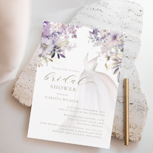 Gold Purple Greenery Wedding Dress Bridal Shower Invitation
