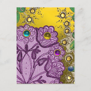 GOLD PURPLE LACE FLOWERS AND COLORFUL GEMSTONES POSTCARD