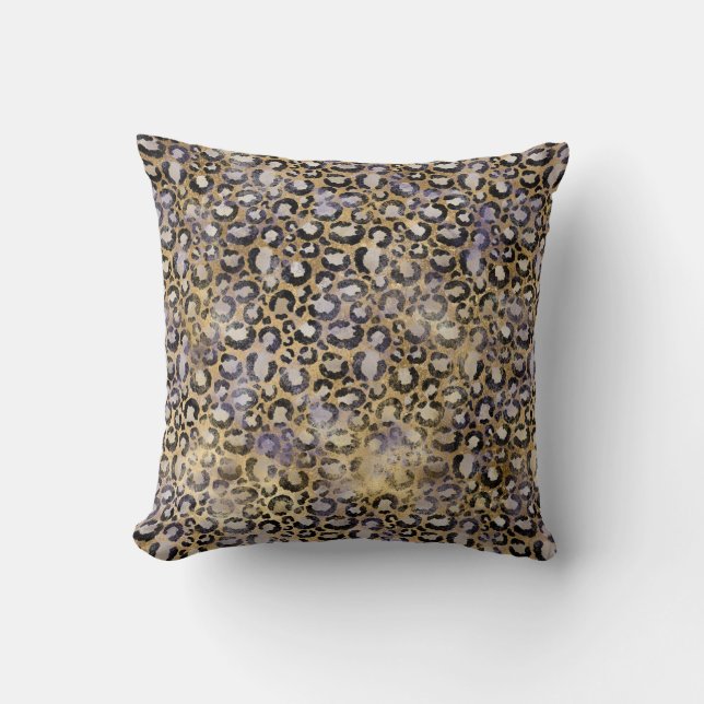 Gold Purple Leopard Print Throw Pillow (Front)