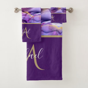 Gold & Purple Marble Agate & Monogram Luxury  Bath Towel Set