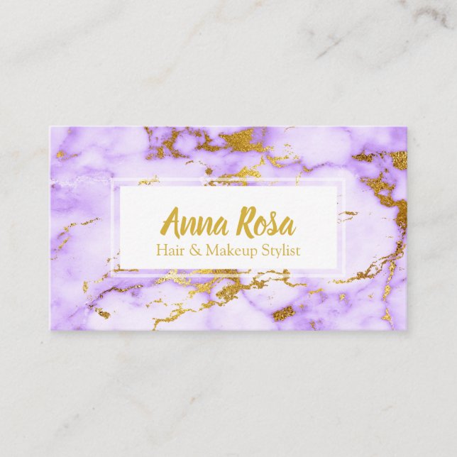 *~* Gold Purple Marble Chic Makeup Popular Business Card (Front)