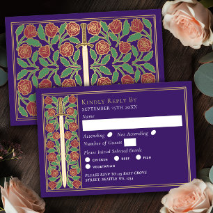 Gold Purple Medieval Floral Sword Wedding RSVP Card