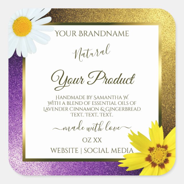 Gold Purple Metallic Glitter White Product Labels (Front)