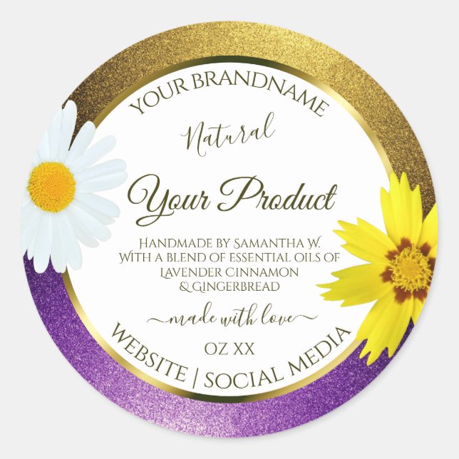 Gold Purple Metallic Glitter White Product Labels (Front)