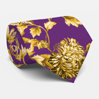 Gold Purple Modern Vintage Botanical Floral Toile Tie